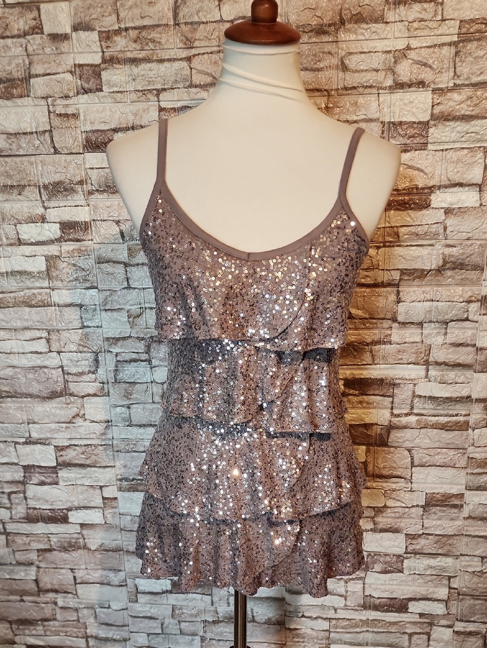 INC International Concepts Sequined Ruffle Tank Top in Taupe